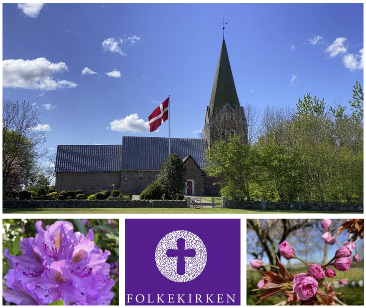 Diverse billeder af danske kirker, interiør, kirkegårde og relaterede elementer.