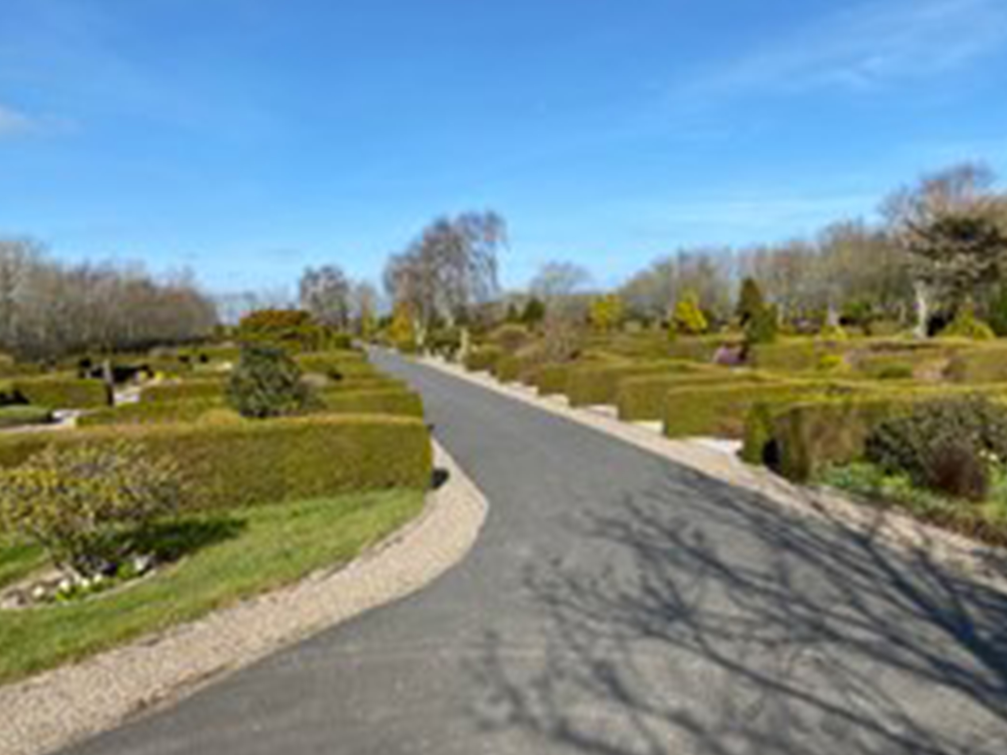 Billede af en kirkegård med grønne hække og en asfalteret sti.