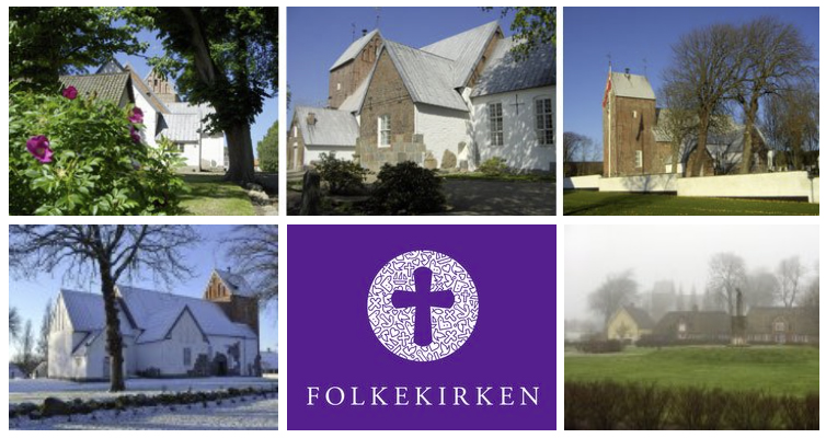 Collage med fem billeder af kirker og et lilla logo for Folkekirken.